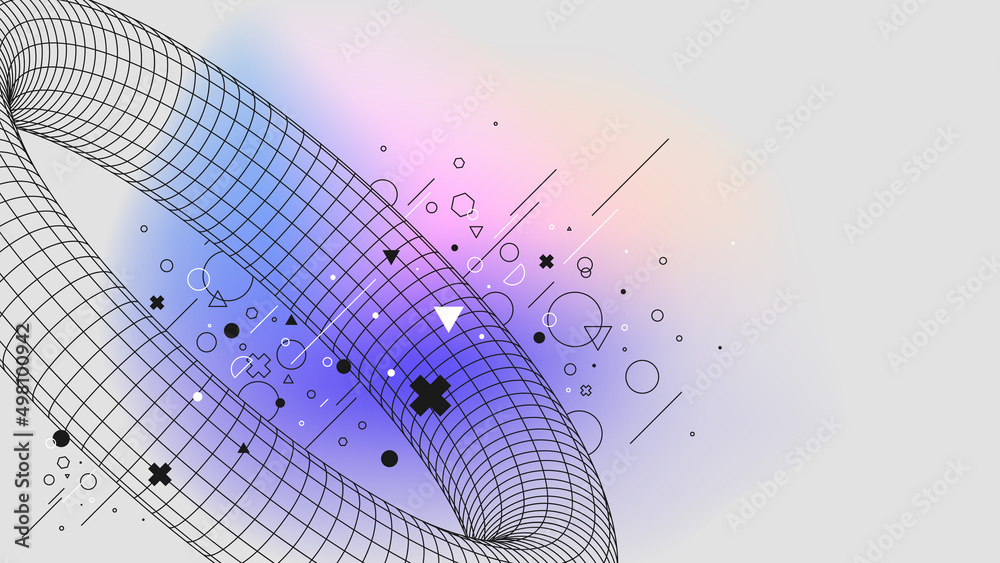 Poster Torus vaporwave abstract gradient background mathematic 3d structure physical figures, Vector posters with strange wireframes of geometric shapes modern design inspired by brutalism