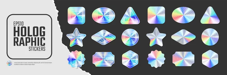 Foto op Plexiglas Iridescent color holographic stickers, set of quality hologram rainbow shiny emblems of various different shapes, Vector illustration mockup design labels tags © max_776