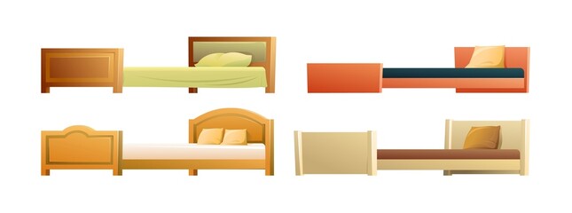 Set of modern beds with mattress and pillow. Side view. Cool design. Cartoon style. Object isolated on white background. Vector