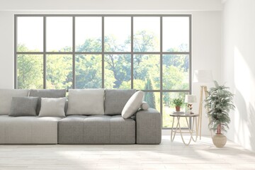 Minimalist living room in white color with sofa and summer landscape in window. Scandinavian interior design. 3D illustration