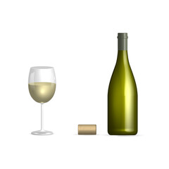Bottle and glass of white wine. Front view, vector illustration.