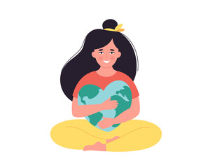 Woman hugging Earth globe. Earth Day, saving planet, nature protect, ecological awareness concept. Hand drawn vector illustration