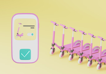 Mobile phone with opened rental application, online booking app for mobile phones. Electric scooters against yellow background, 3d render illustration.
