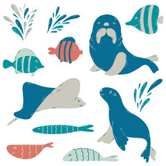 Fish and wild marine animals are isolated on white background. Inhabitants of the sea world, cute, funny underwater creatures: fishes, stingray, fur seal and splash. Flat outline cartoon illustration.