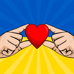 Hands hold a heart on the background of the Ukrainian flag. Pop-art creative concept. Concept of resistance. Pray for Ukraine. Stop war between Russia and Ukraine. Solidarity with Ukraine.