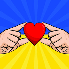 Hands hold a heart on the background of the Ukrainian flag. Pop-art creative concept. Concept of resistance. Pray for Ukraine. Stop war between Russia and Ukraine. Solidarity with Ukraine.