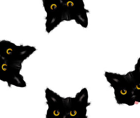 Four black kittens peer into a frame to make a feline border in this 3-d background illustration.