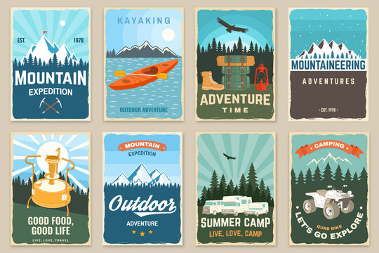 Set of camping retro posters. Vector. Outdoor adventure. Vintage typography design with backpack, motor home, camping tent, trailer, forest and camper silhouette.