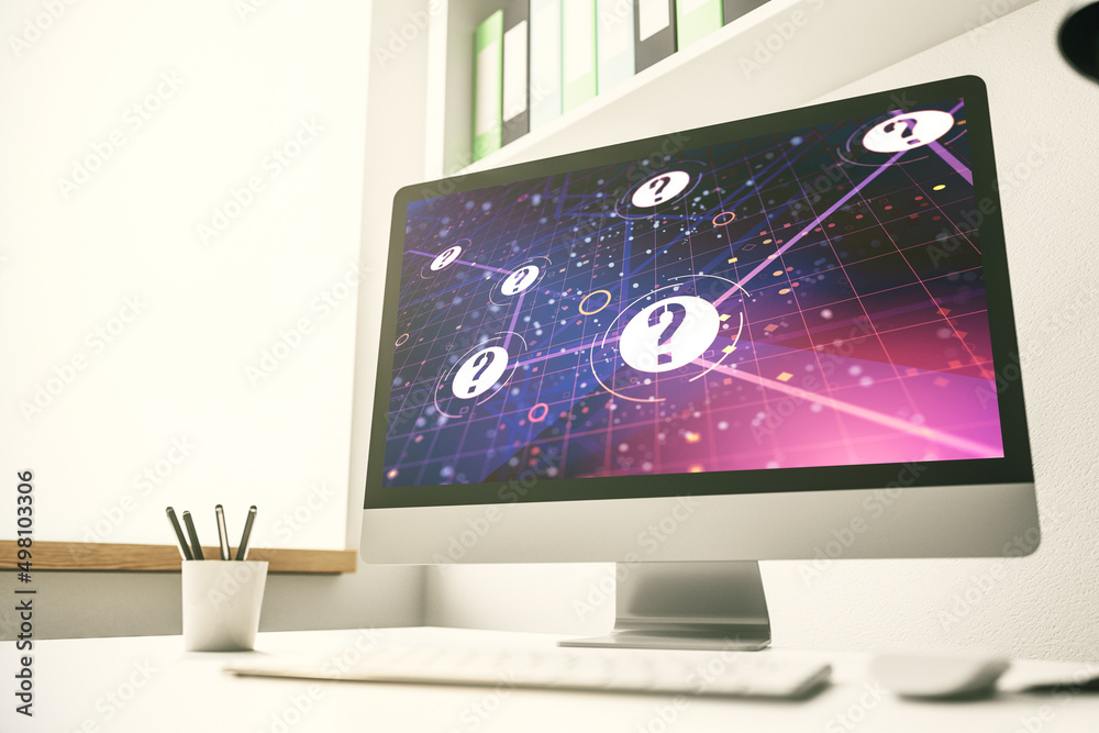 Aufkleber Creative abstract question mark sketch on modern laptop monitor, FAQ and research concept. 3D Rendering