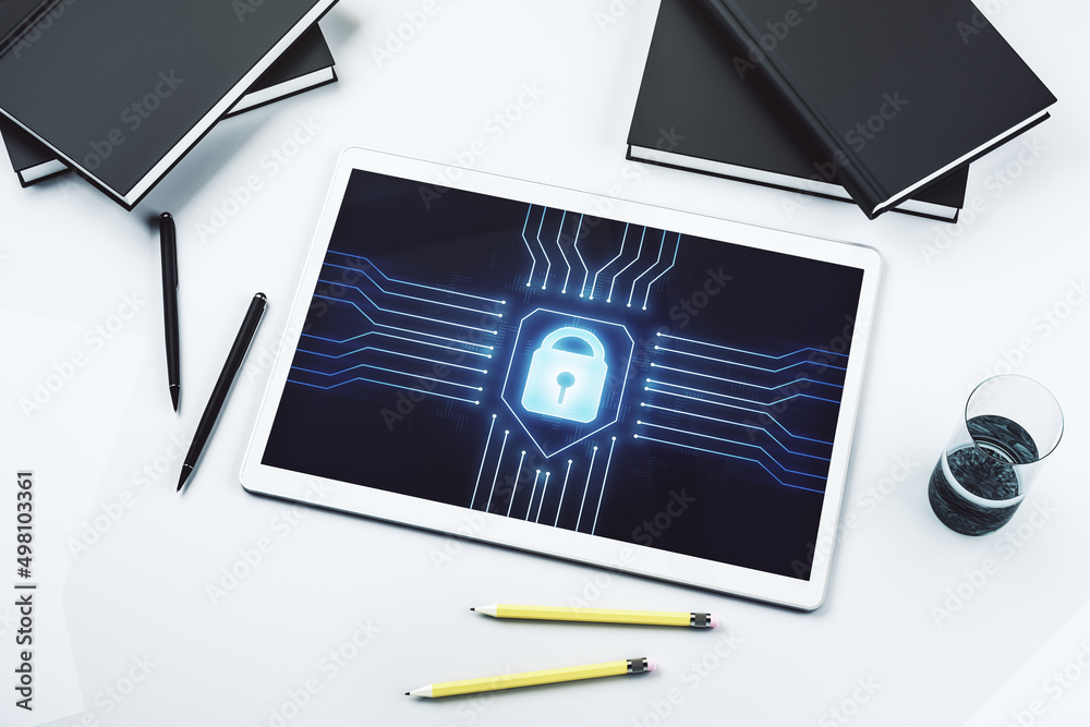 Fototapete Creative idea concept with lock symbol and microcircuit illustration on modern digital tablet screen. Protection and firewall concept. Top view. 3D Rendering