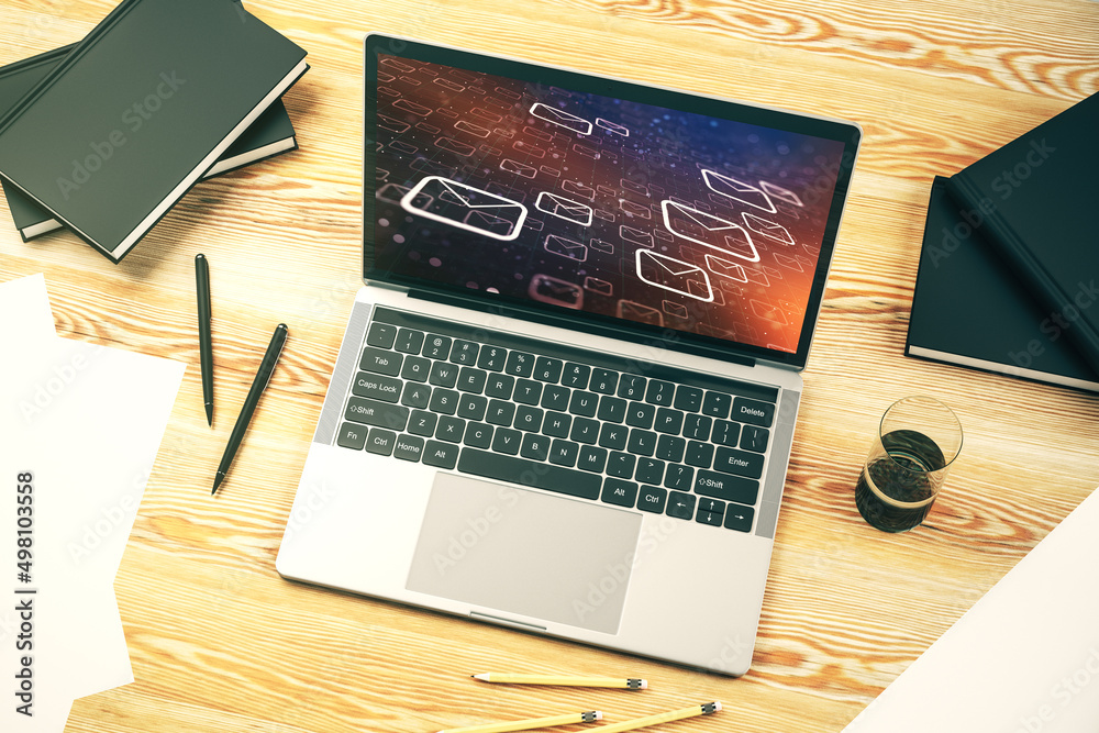 Poster Modern computer monitor with postal envelopes hologram. Electronic mail and spam concept. 3D Rendering