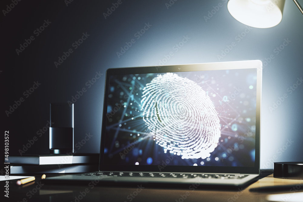 Poster Abstract creative fingerprint concept on modern laptop screen. 3D Rendering