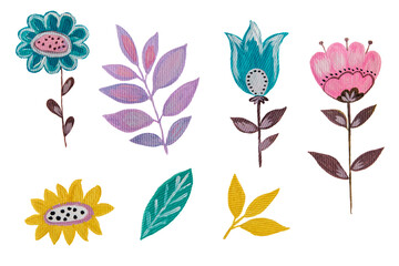 Flowers and leaves hand drawn elements. Illustration. Acrylic paints.Wrappers, wallpapers, postcards, greeting cards, wedding invitations, romantic events. Bright trendy colors.