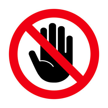 Dont stop icon. Pforbidden sign. Hand prohibit. Forbidden access. Symbol ban entry. Red circle and black palm isolated on white background. Halt warning pictogram. Icon no entry. Vector illustration