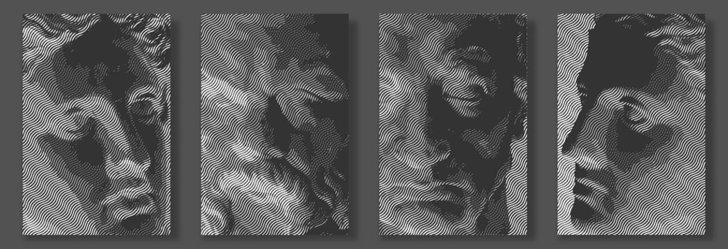 Engraved antique face. Vector illustration. Digital graphic for posters, banners, flyers, cover, historic artwork, ancient picture. Vintage engraving. Plaster head.