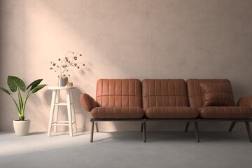 Interior design with leather sofa. 3D illustration