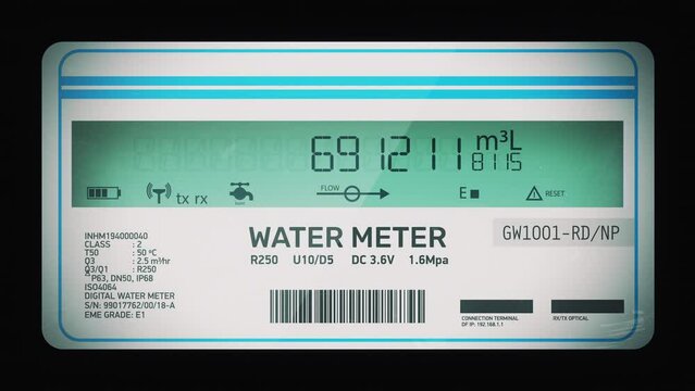 Water meter calculating usage in residence or commercial building, utility bills. Digital metric water meter measuring water usage