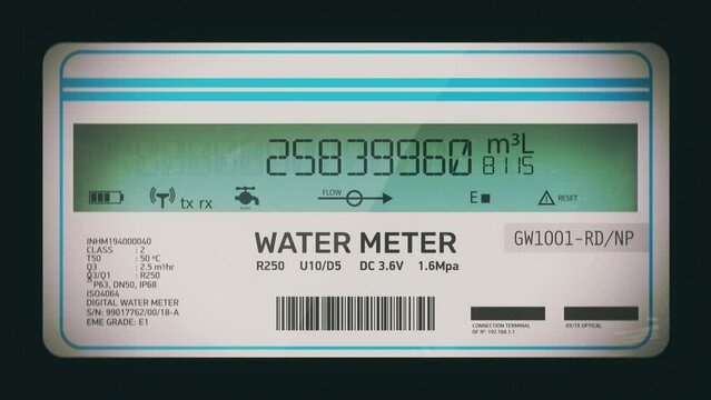 High consumption of water in residence, smart water meter calculating volume. Digital metric water meter measuring water usage