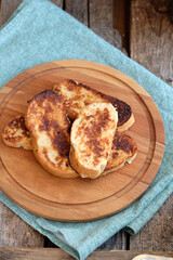 French toast . Top view, wooden background