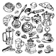 Coffee and dessert set doodle hand drawn.Breakfast set. Vector isolated on white background.