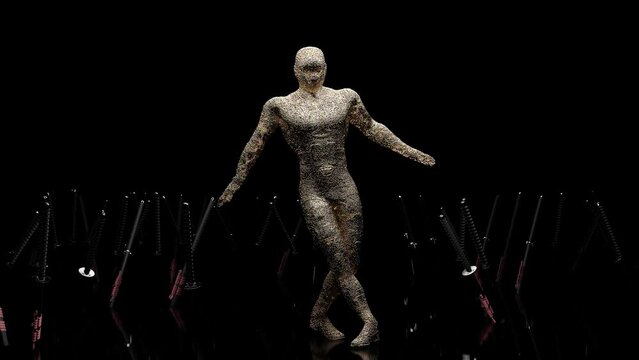 golden man dancing Hip Hop, bboy variation one. footwork, ninja warrior, loop animation, 3d render