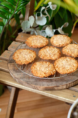 Honey oatmeal chip cookies. Side view. Milk.