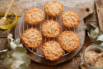 Honey oatmeal chip cookies. Top view. Milk.
