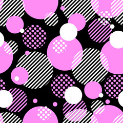 Seamless vector pattern background with circles, stripes, dots. Abstract background with round radial elements. Pink color