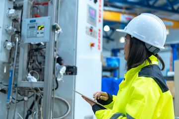 Asian engineer working at Operating hall,Thailand people wear helmet  work,He worked with diligence...
