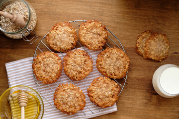 Honey oatmeal chip cookies. Top view. Milk.