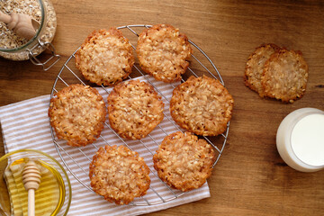 Honey oatmeal chip cookies. Top view. Milk.