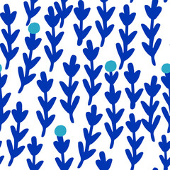 Seamless floral pattern with abstract hand drawn branches. Blue florals background. Perfect for fabric design, wallpaper, apparel. Vector illustration