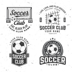 Set of soccer, football club badge design. Vector illustration. For football club sign, logo. Vintage monochrome label, sticker, patch with football player, soccer and football gate silhouettes. © sivvector