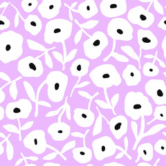 Seamless pattern with abstract minimal white flowers. Floral spring and summer lilac background. Perfect for fabric design, wallpaper, apparel. Vector illustration