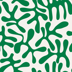 Seamless floral pattern with abstract leaves in Matisse style.  Jungle green and summer background. Perfect for fabric design, wallpaper, apparel. Vector illustration