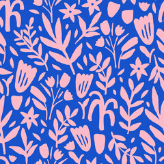 Seamless floral pattern with hand drawn plant, flowers, leaves. Trendy botanical blue texture for fabric, textile. Vector illustration