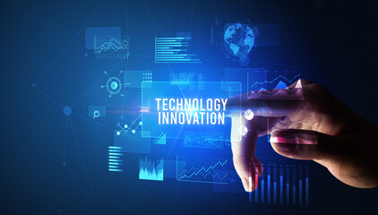 hand touching digital button, modern technology concept