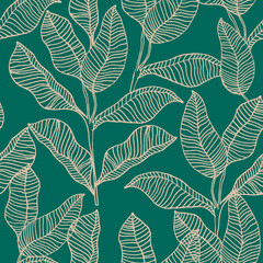 Fototapeta na wymiar Seamless floral pattern with outlined banana leaves. Hand drawn jangle foliage texture. Vector illustration