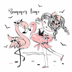 Cute girl in a swimsuit with a flamingo on the sea beach. Vector