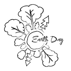 Happy Earth Day. Hand-drawn Planet with trees outside in sketch style. Forest conservation. Preservation of trees. Logo, postcard, poster
