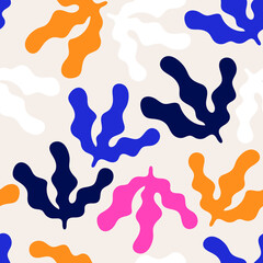 Fototapeta na wymiar Seamless floral pattern with abstract leaves in Matisse style. Jungle colourful and summer background. Perfect for fabric design, wallpaper, apparel. Vector illustration