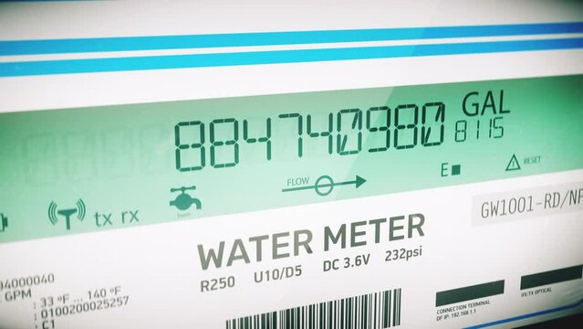 Gallons of water used by residence or commercial building, water meter display. Digital imperial water meter measuring water usage