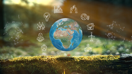 Obraz na płótnie Canvas Ecological Green Energy Icons On Moss BG Concept Photo Realistic Earth Design Motion Graphics 3D Render