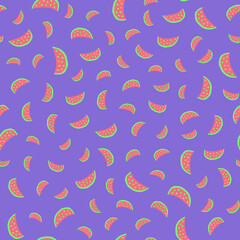 Pattern with slices of watermelon on a purple background.