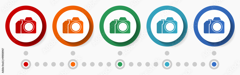 Poster photo camera concept vector icon set, infographic template, flat design colorful web buttons in 5 co