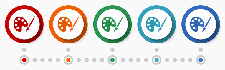 Painting palette concept vector icon set, infographic template, flat design colorful web buttons in 5 color options