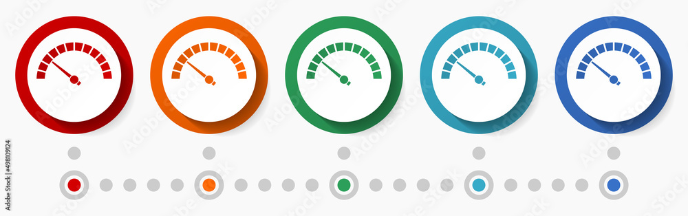 Poster Speed meter concept vector icon set, infographic template, flat design colorful web buttons in 5 color options
