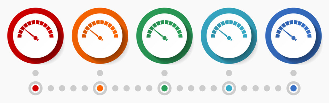 Speed meter concept vector icon set, infographic template, flat design colorful web buttons in 5 color options