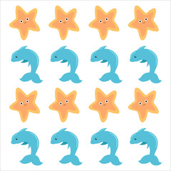 Underwater world with fish, stingrays, dolphins, octopuses and whales. Vector cute illustration of the ocean or sea. A set of marine and ocean underwater animals