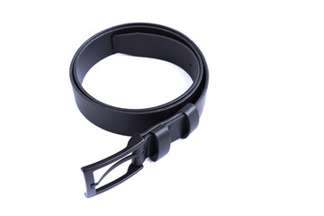 Curved black leather belt on a white background.